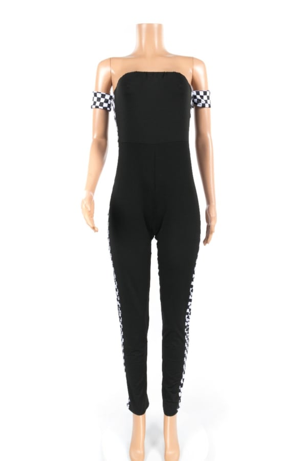 Image of One-Shoulder Plaid  Racing Jumpsuit