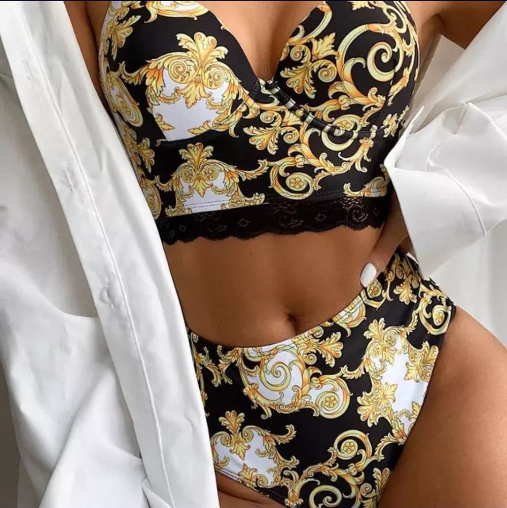 2 piece swimsuit lace shoulder strap bikini