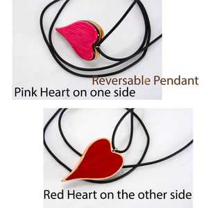 Image of Pink and Red Heart Reversible Wooden Necklace, Wood Charm Pendant, Minimalist Jewelry, Unique Gift