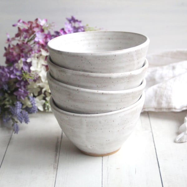 Image of Set of Four White Speckled Bowls with Modern Matte Glaze, Rustic White Pottery Made in USA