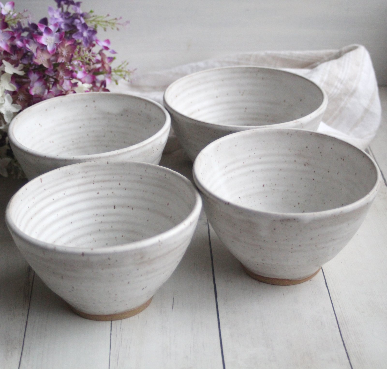 Stoneware Pottery 2024 Nesting Bowls in Glossy White Glaze, Ceramic, Rustic Speckled