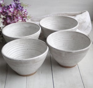 Image of Set of Four White Speckled Bowls with Modern Matte Glaze, Rustic White Pottery Made in USA