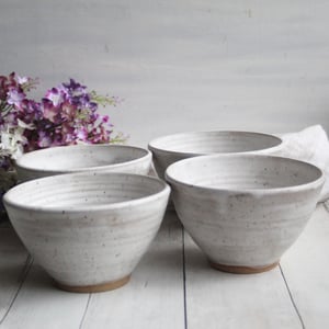 Image of Set of Four White Speckled Bowls with Modern Matte Glaze, Rustic White Pottery Made in USA