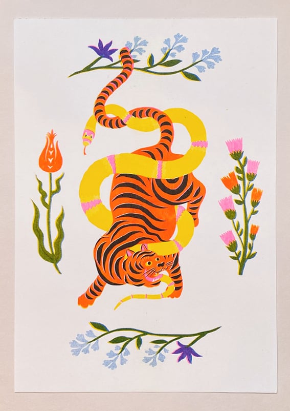 TIGER SNAKE BATTLE FLOWERS A4 riso print