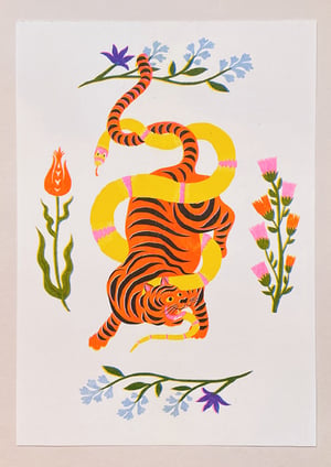 Image of TIGER & SNAKE BATTLE FLOWERS - A4 riso print
