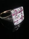 Art Deco 18ct platinum natural ruby and diamond checkboard cluster ring