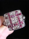Art Deco 18ct platinum natural ruby and diamond checkboard cluster ring