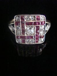 Image 1 of Art Deco 18ct platinum natural ruby and diamond checkboard cluster ring