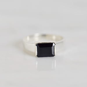 Image of Dark Blue Sapphire rectangular cut wide band silver ring