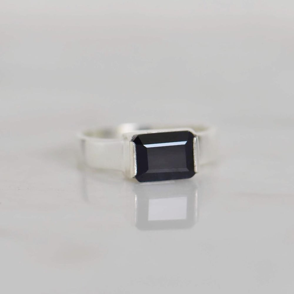 Image of Natural Dark Blue Sapphire rectangular cut wide band silver ring