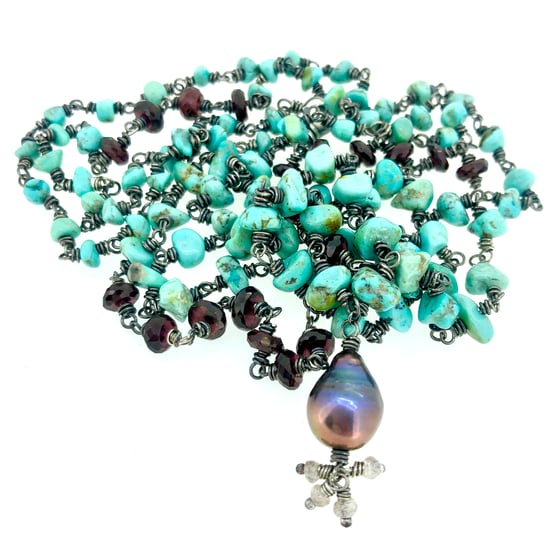 Image of Kingman turquoise and garnet mala necklace
