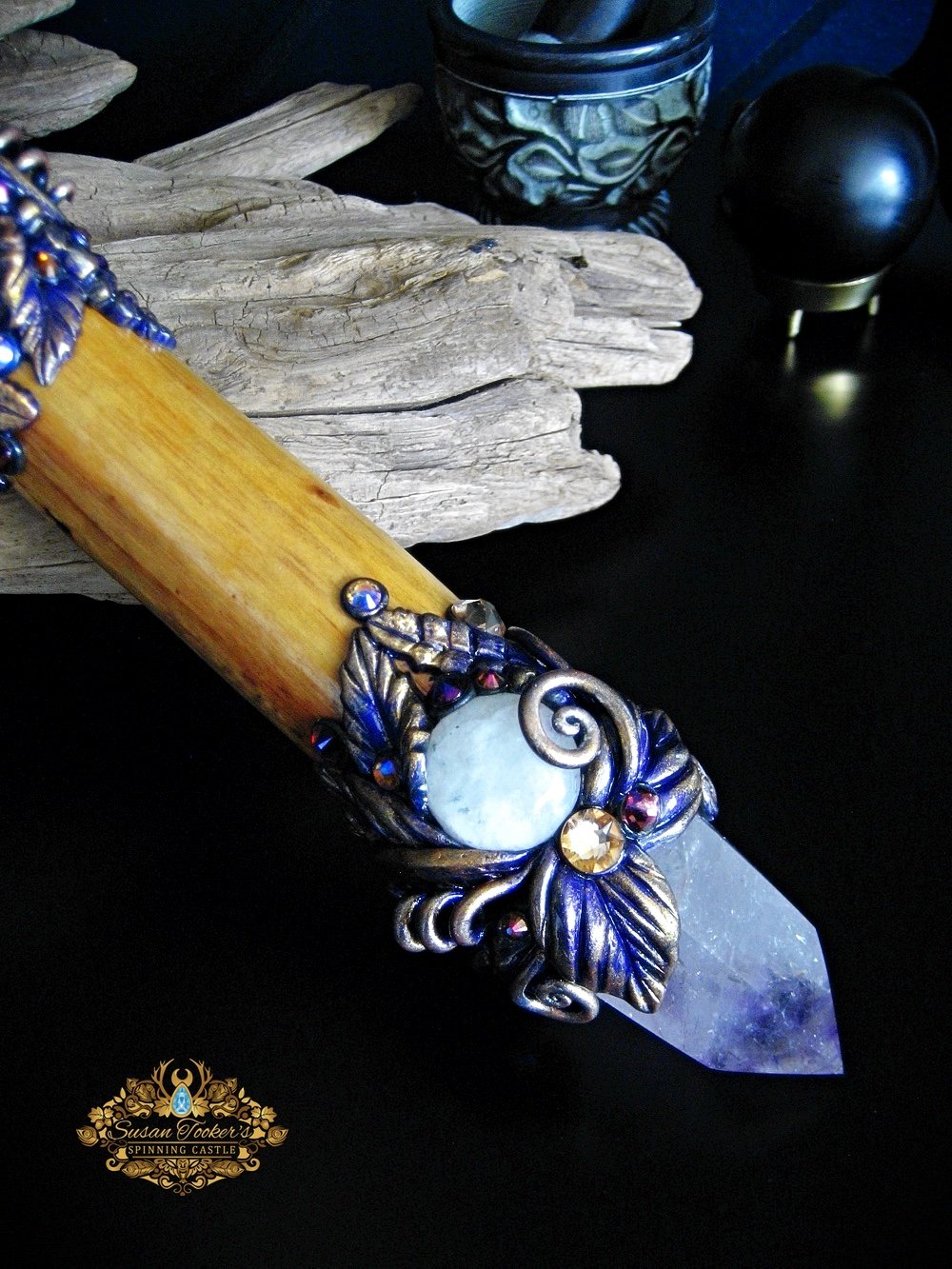 Image of ROYAL GUARDIAN - Ornamental Ritual Athame Amber Glass Blade Charoite Amethyst Witchcraft Art Dagger 
