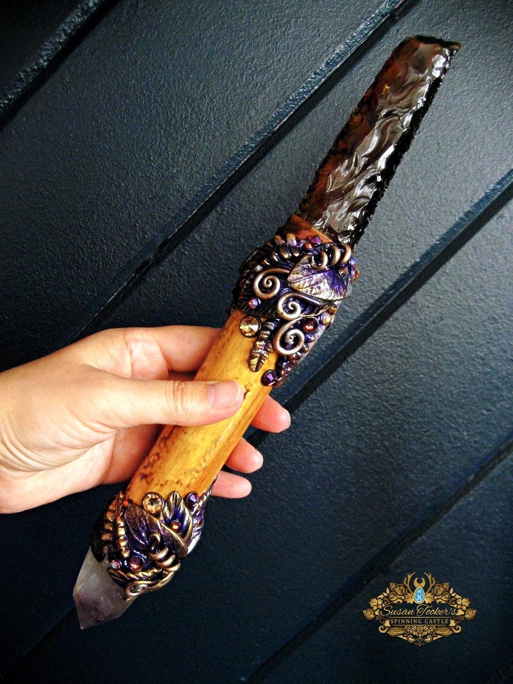 Image of ROYAL GUARDIAN - Ornamental Ritual Athame Amber Glass Blade Charoite Amethyst Witchcraft Art Dagger 