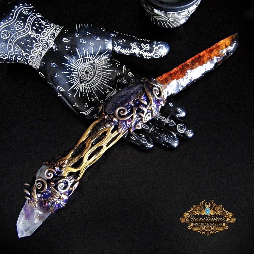 Image of DIVINE VIBRATION - Ornamental Ritual Athame Charoite Amethyst Cholla Wood Witchcraft Art Dagger