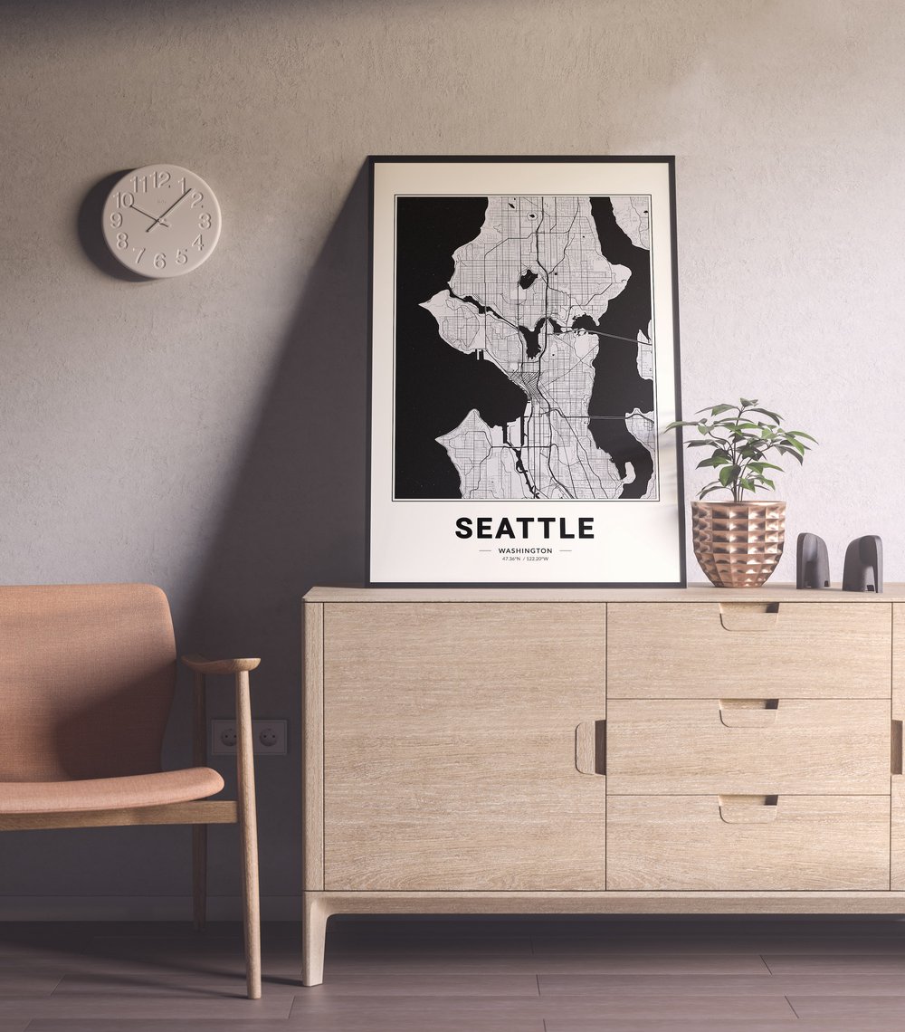 Seattle Map - Minimalist Modern Black and White USA City Map Poster