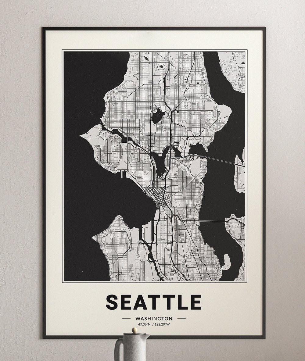 Seattle Map - Minimalist Modern Black and White USA City Map Poster