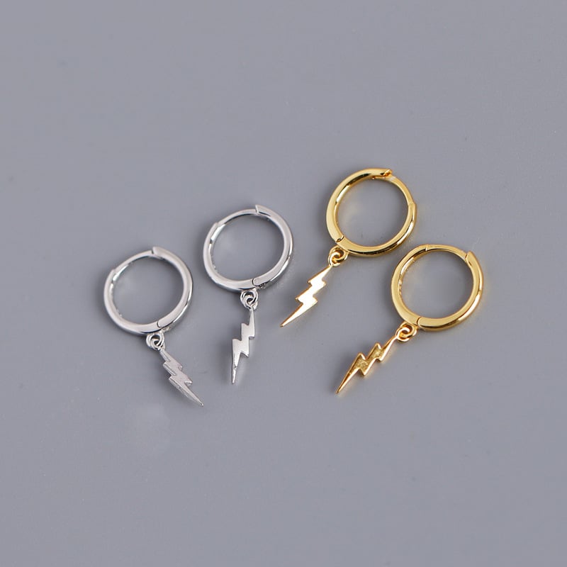 Lightning Jagged Bolt Droop Hoop Earrings (Silver 925)