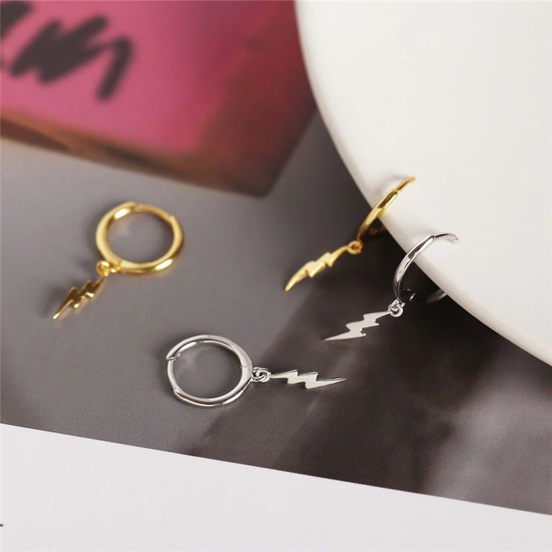 Lightning Jagged Bolt Droop Hoop Earrings (Silver 925)