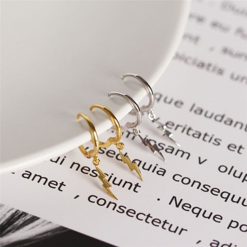 Lightning Jagged Bolt Droop Hoop Earrings (Silver 925)
