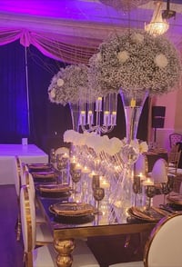 Image 1 of Gold Stainless Steel table with a glass top Setup with 12 luxury chairs and decor design as picture 