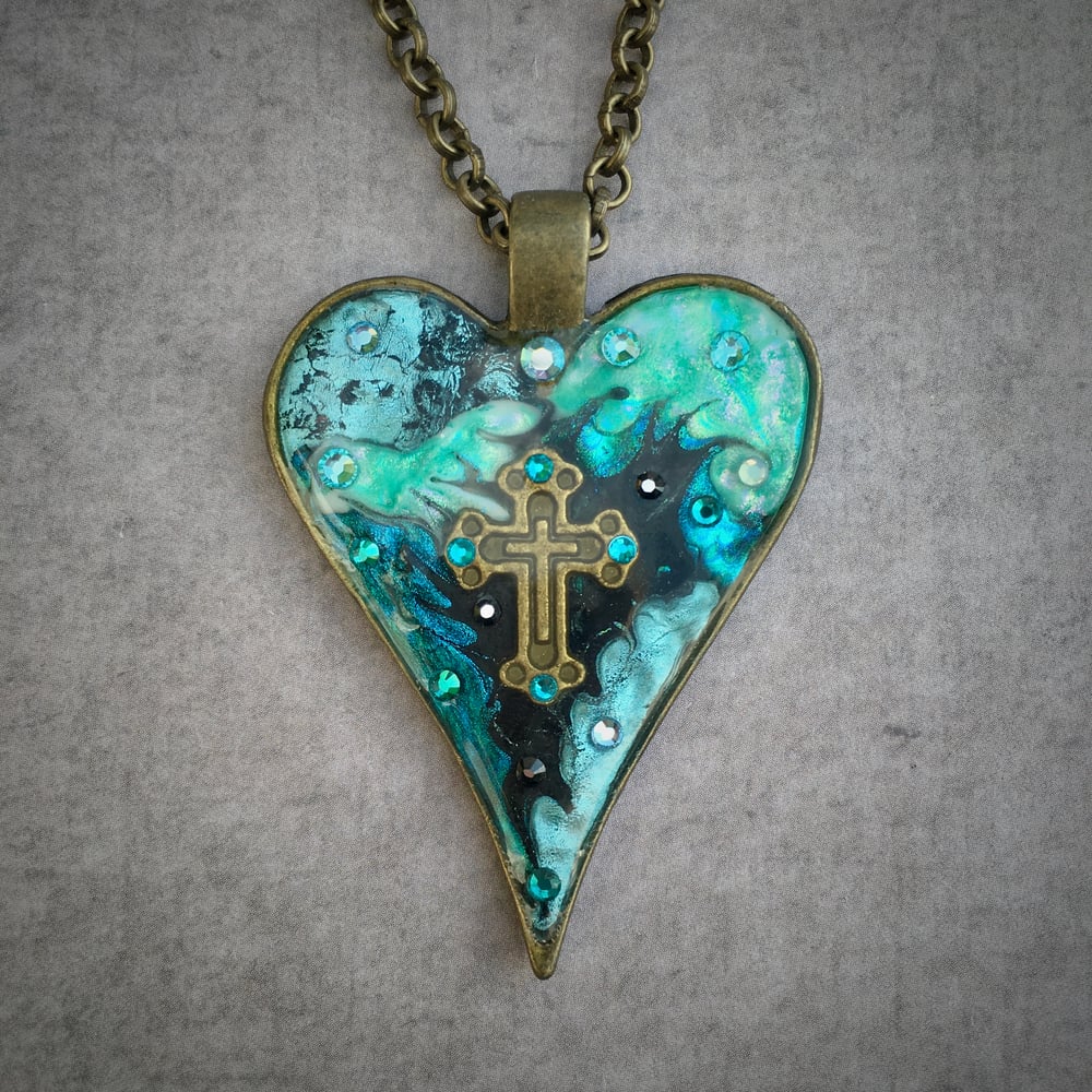 Gothic Heart Turquoise Cross  Pendant
