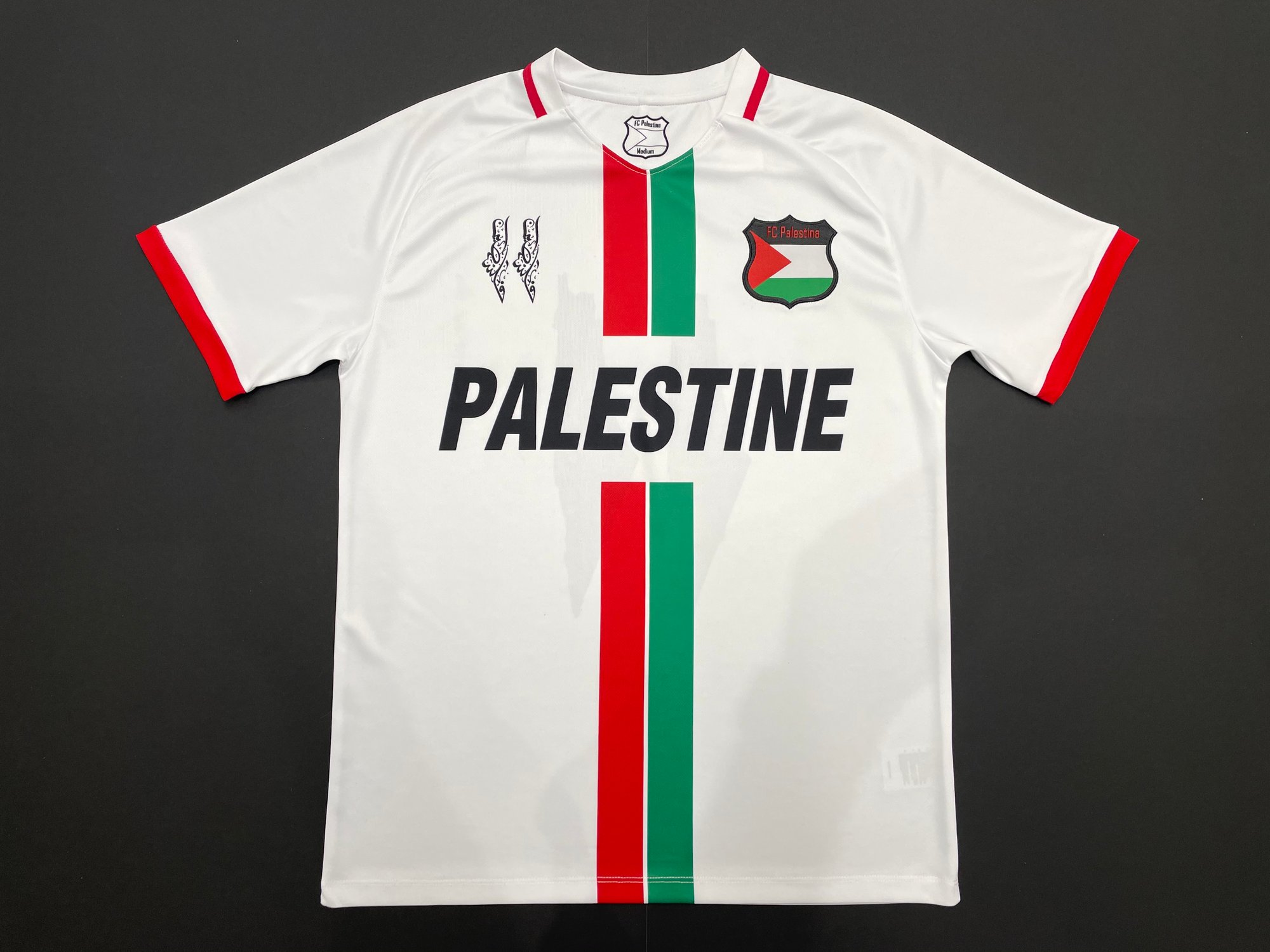 — Palestine White Centre Striped (Red/Green English) Football Shirt