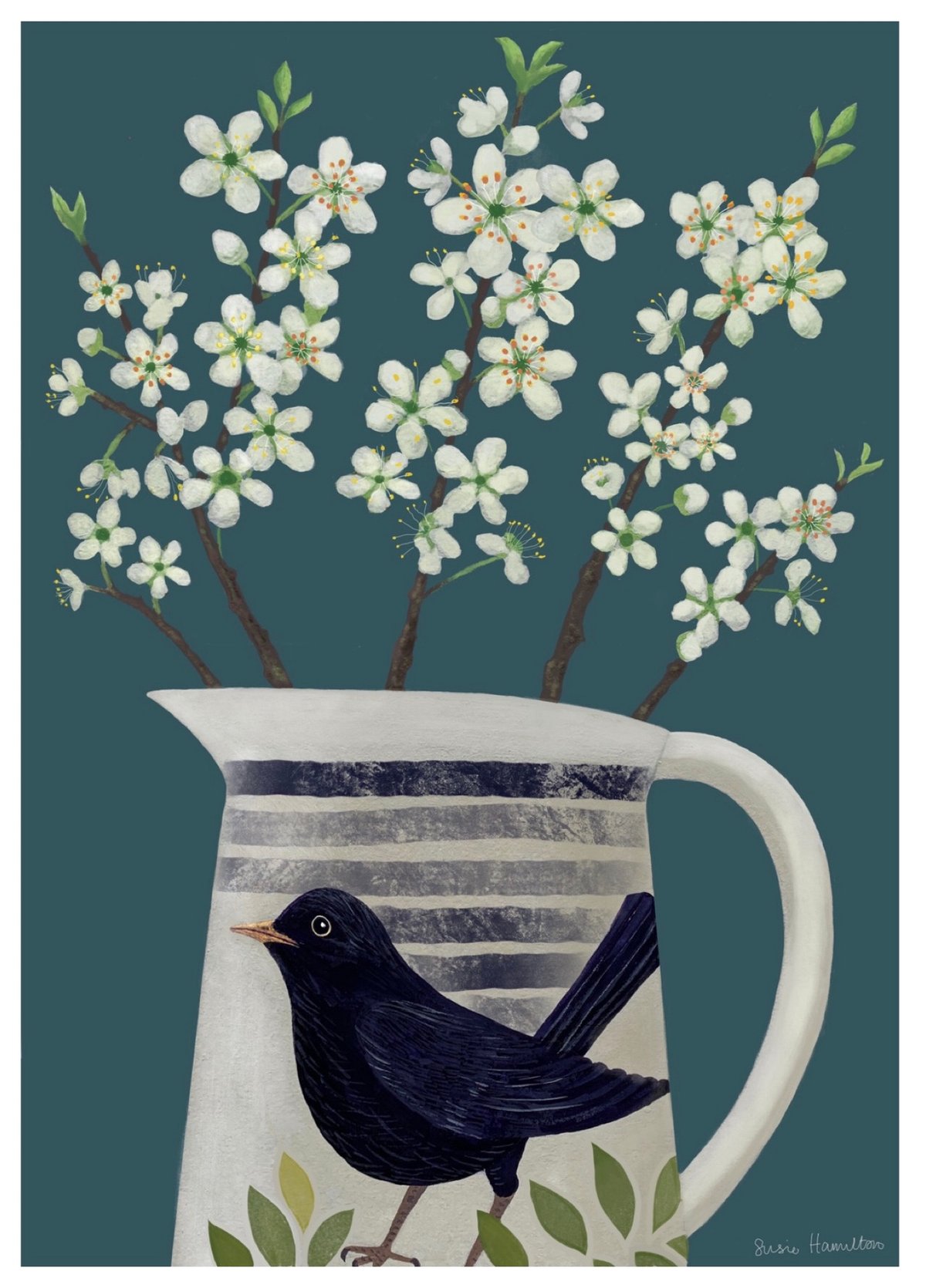 Blossom in Blackbird Jug Print & Card