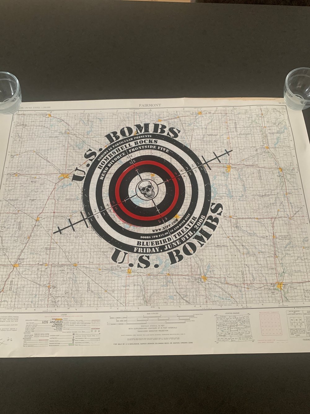 EMEK One Of A Kind US Bombs Silkscreen Concert Poster On Vintage Map Paper #7, Signed 2006