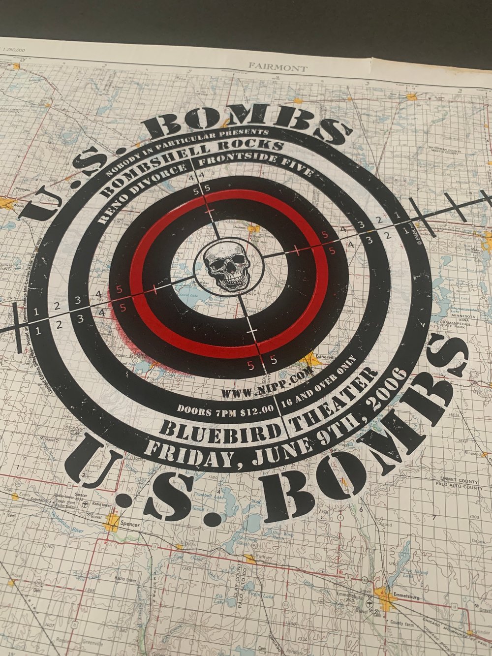 EMEK One Of A Kind US Bombs Silkscreen Concert Poster On Vintage Map Paper #7, Signed 2006