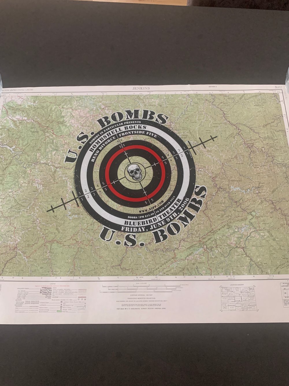 EMEK One Of A Kind US Bombs Silkscreen Concert Poster On Vintage Map Paper #11, Signed 2006