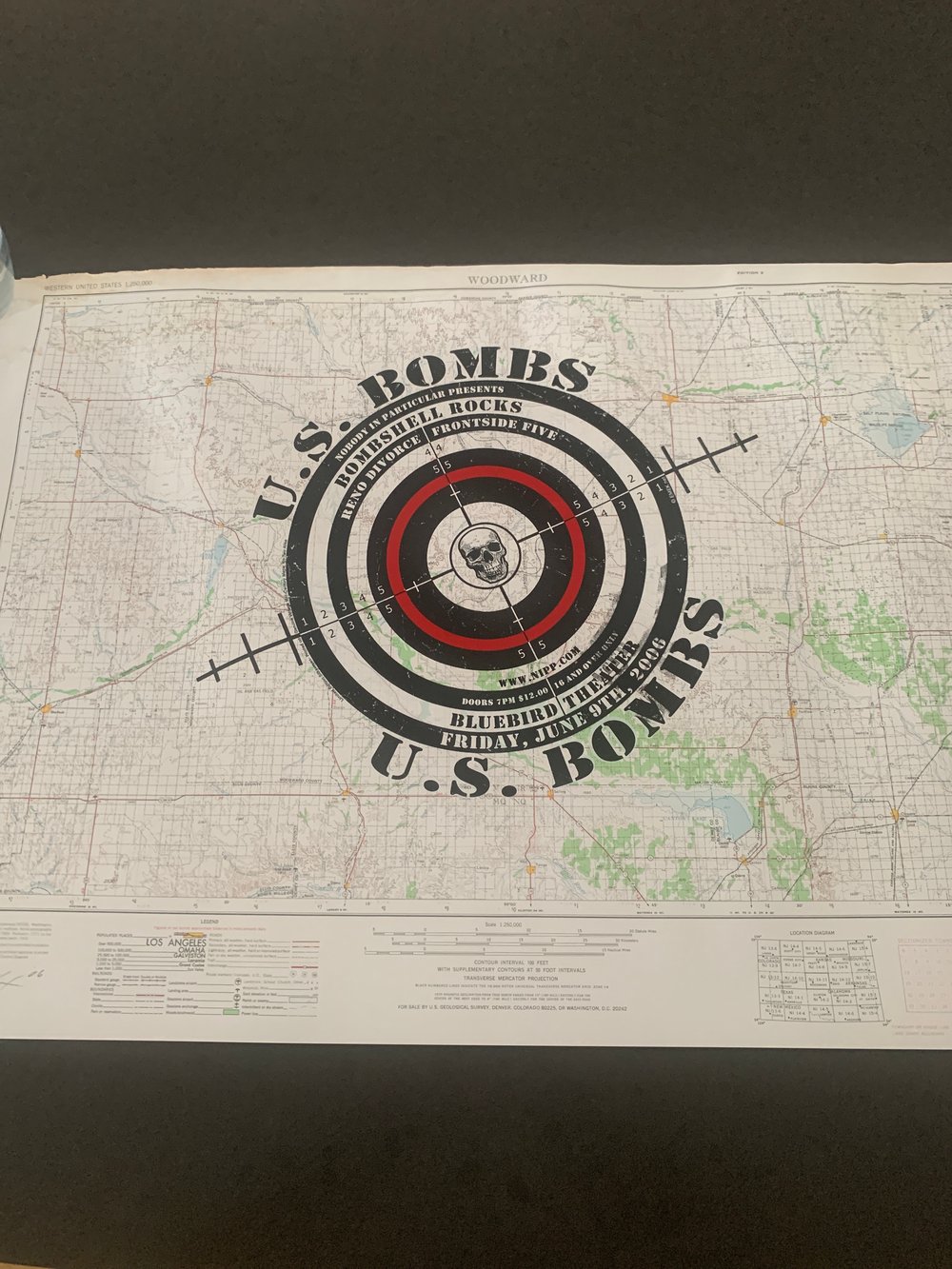 EMEK One Of A Kind US Bombs Silkscreen Concert Poster On Vintage Map Paper #13, Signed 2006