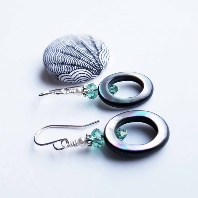 Oval Black Mother of Pearl + Erinite Swarovski Crystal Earrings