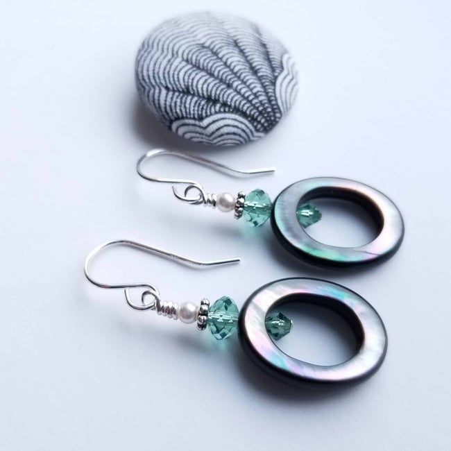 Oval Black Mother of Pearl + Erinite Swarovski Crystal Earrings