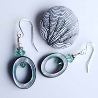 Image 3 of Oval Black Mother of Pearl + Erinite Swarovski Crystal Earrings 