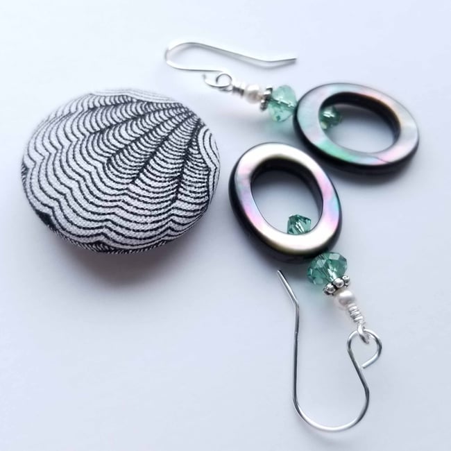 Oval Black Mother of Pearl + Erinite Swarovski Crystal Earrings