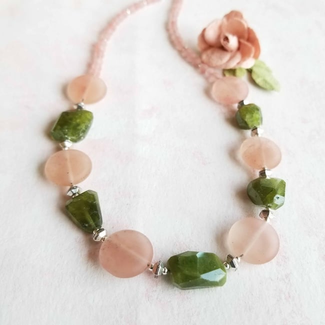 Matte Peach Coin + Moss Green Agate Nugget Necklace - One of a Kind