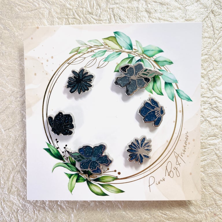Mini Flower Set of 6 - Blue/Black Glitter