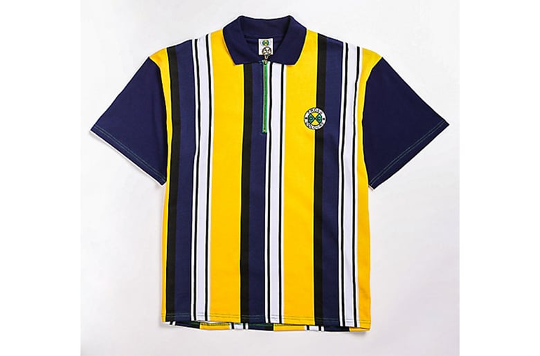 Image of Cross Colours - Zip Neck Short Sleeve Rugby - Yellow/Navy Stripe