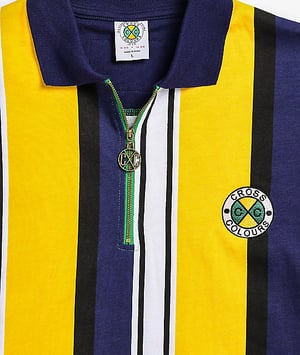 Image of Cross Colours - Zip Neck Short Sleeve Rugby - Yellow/Navy Stripe