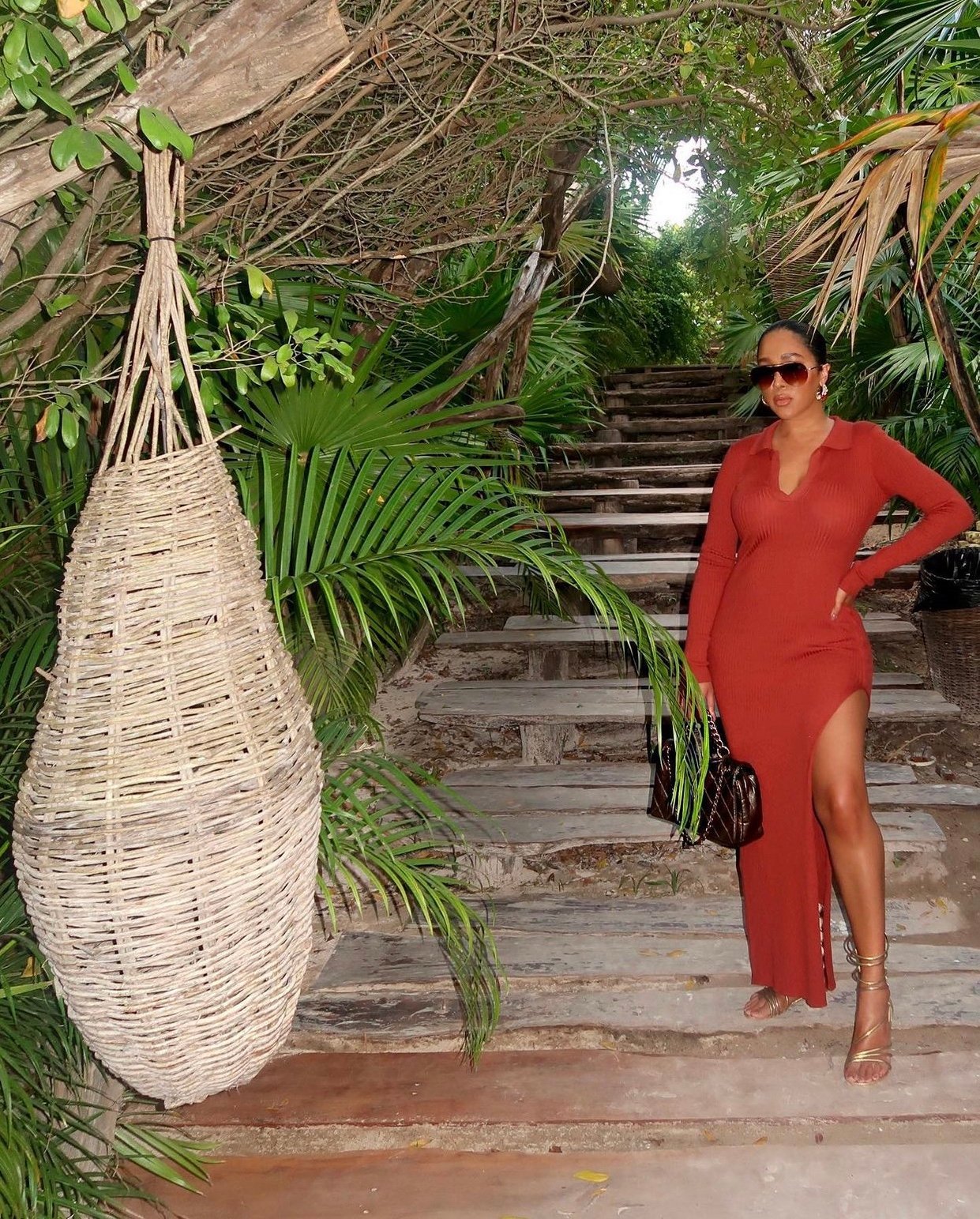 Image of RUST RIBBED MAXI DRESS WITH LEG SLIT (LARGE)
