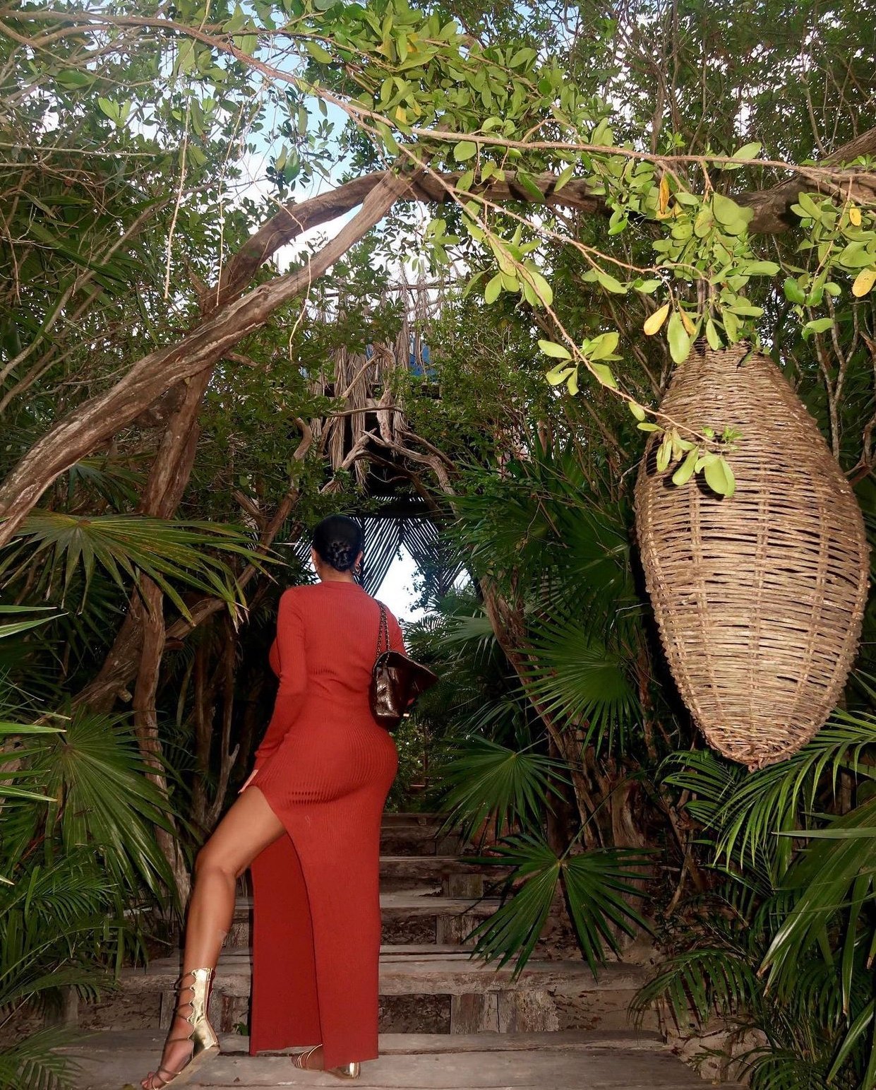Image of RUST RIBBED MAXI DRESS WITH LEG SLIT (LARGE)