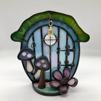 Image 2 of Iridescent Blue Stained Glass Fairy Door Candle Holder 