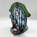 Iridescent Blue Stained Glass Fairy Door Candle Holder 