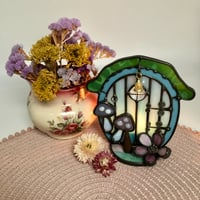 Image 1 of Iridescent Blue Stained Glass Fairy Door Candle Holder 