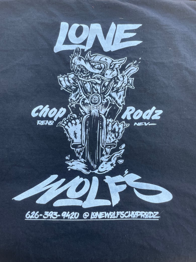 Image of Biker wolf shop shirt in white lettering or gold please specify 