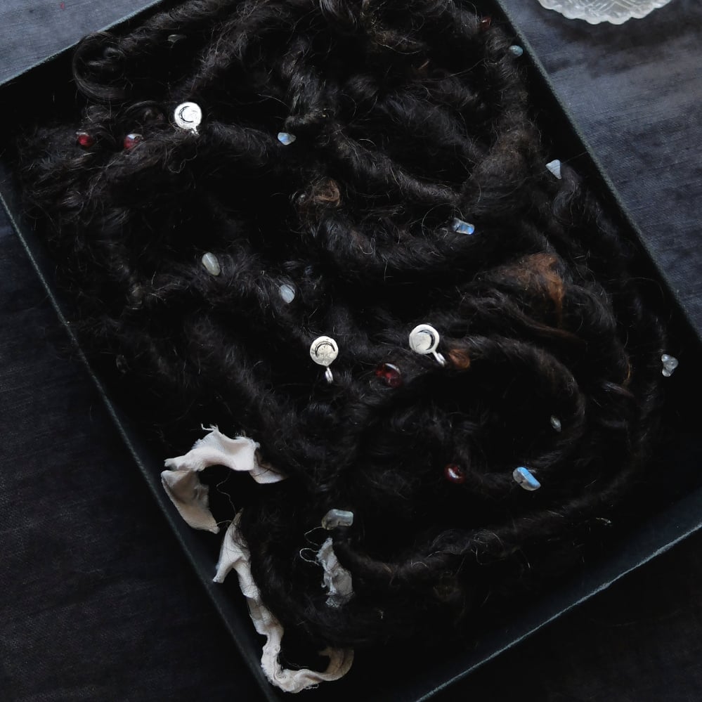 Image of LAST 2!! CEREMONIAL CORD HANDFASTING ↟ black & auburn handspun wool, sterling silver charms & gems