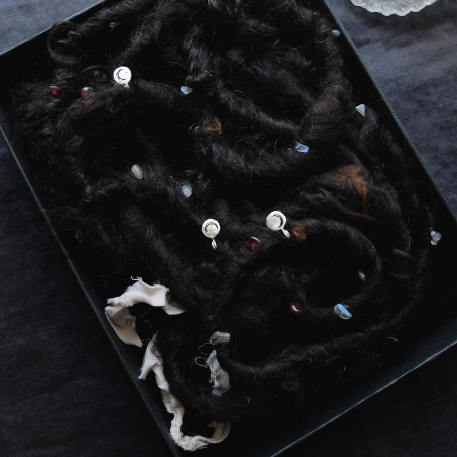 Image of CEREMONIAL CORD HANDFASTING ↟ black w/ auburn hues, handspun wool w/ sterling silver charms & gems