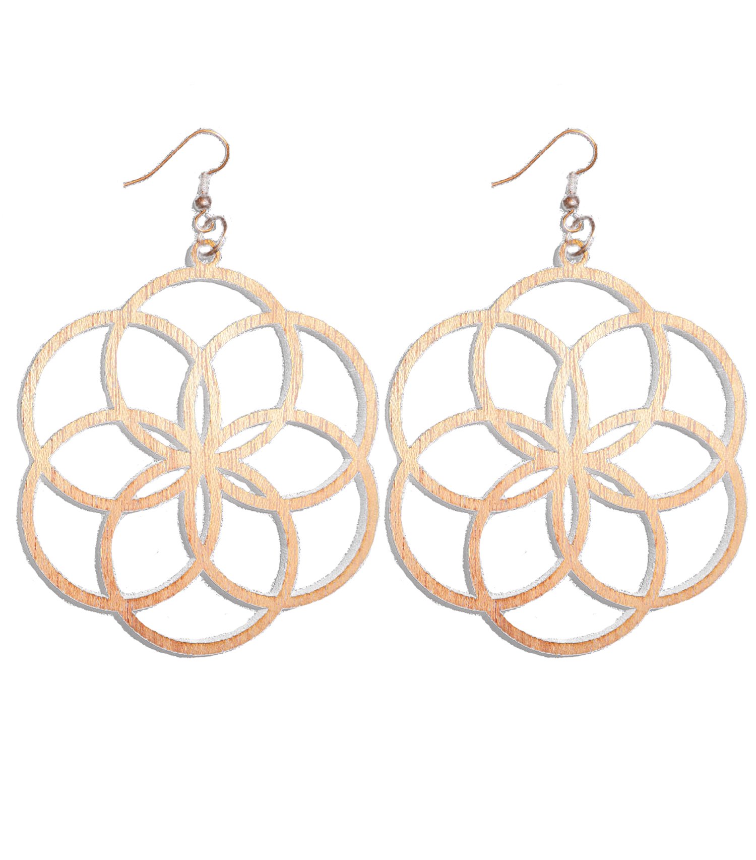 Image of CHERRY WOOD LASER CUT EARRINGS WOOD AND COPPER FLOWER OF LIFE