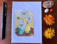 white poppies in yellow and green vase watercolour card