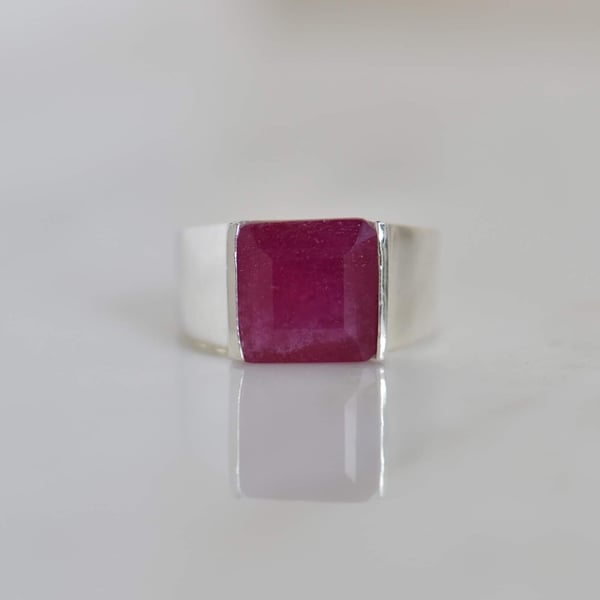 Image of Natural Bo Rai Pink Ruby square cut wide band silver ring